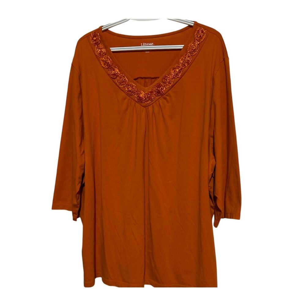Liz & Me Women's Orange V-Neck Floral Neckline Quarter Sleeve Blouse Size 3X